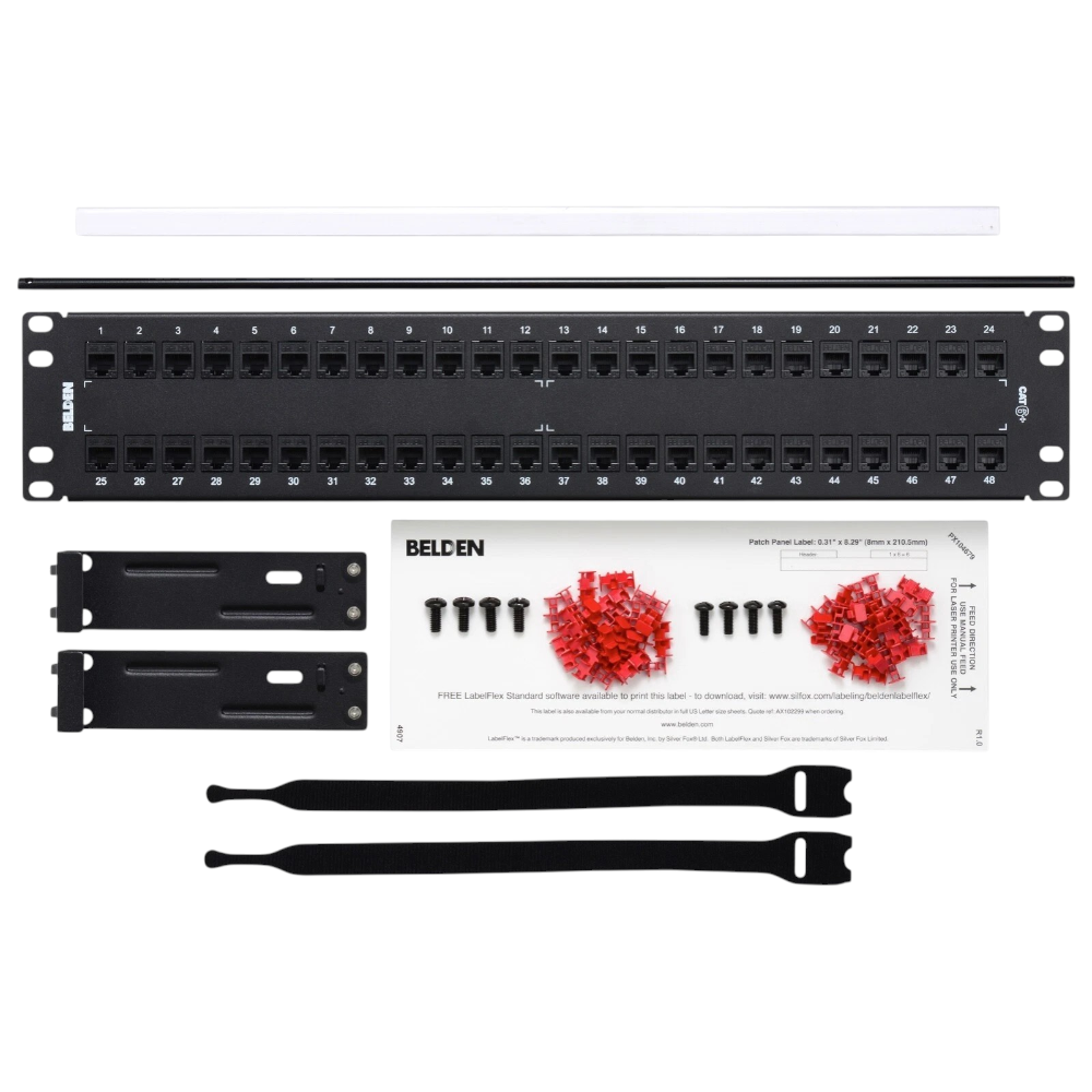 SILYMX Belden 48-port Cat6+ patch panel in black with included mounting brackets, cable ties, and labeling accessories.