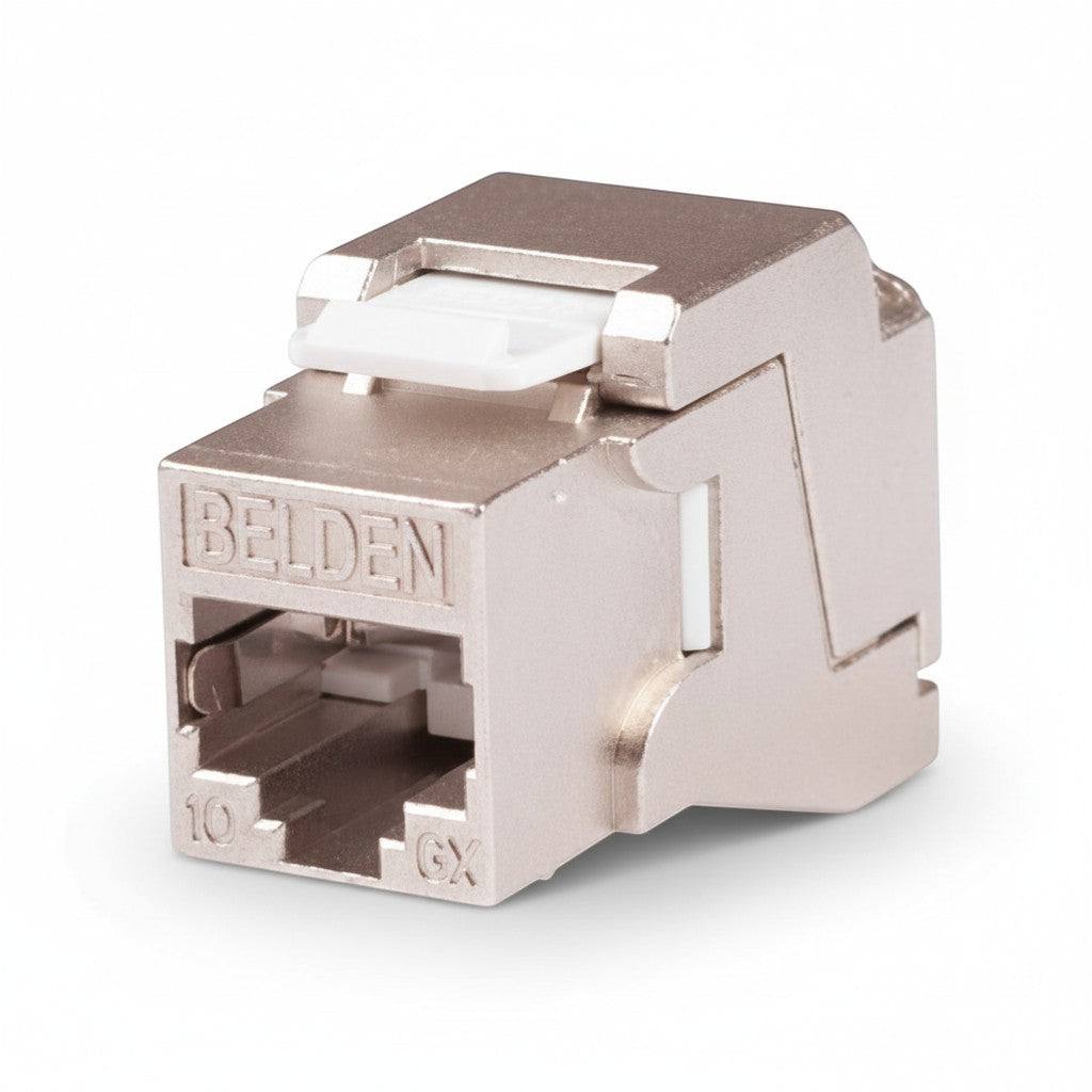 SILYMX Belden shielded Cat6A RJ45 jack, silver metal, for indoor network applications.