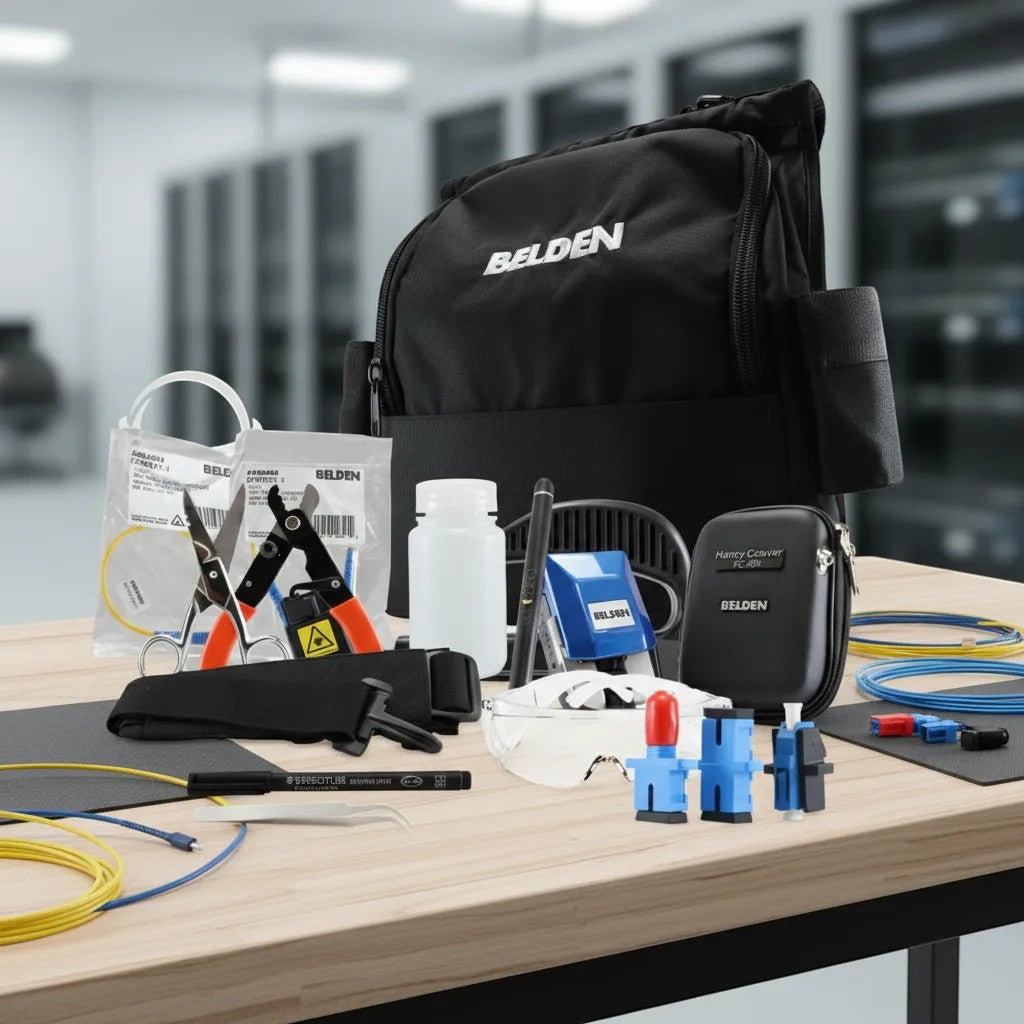 Belden AX104271 professional fiber optic termination kit with tools, connectors, and carrying bag on a wooden table.