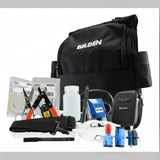 Belden AX104271 professional fiber optic termination kit with tools and connectors in a black bag.