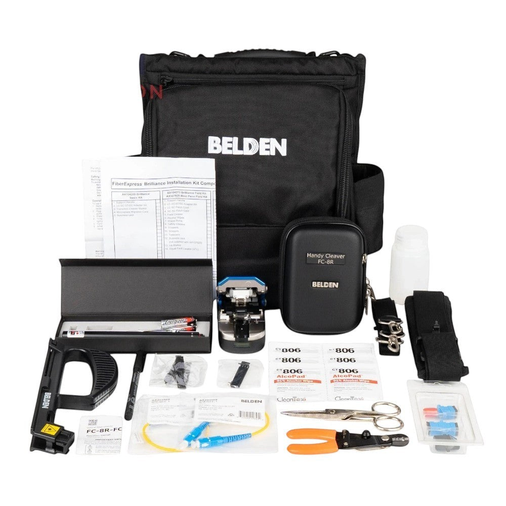 Belden AX104271 Fiber Optic Termination Kit with tools, connectors, and carrying bag.
