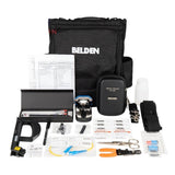 Belden AX104271 Fiber Optic Termination Kit with tools, connectors, and carrying bag.