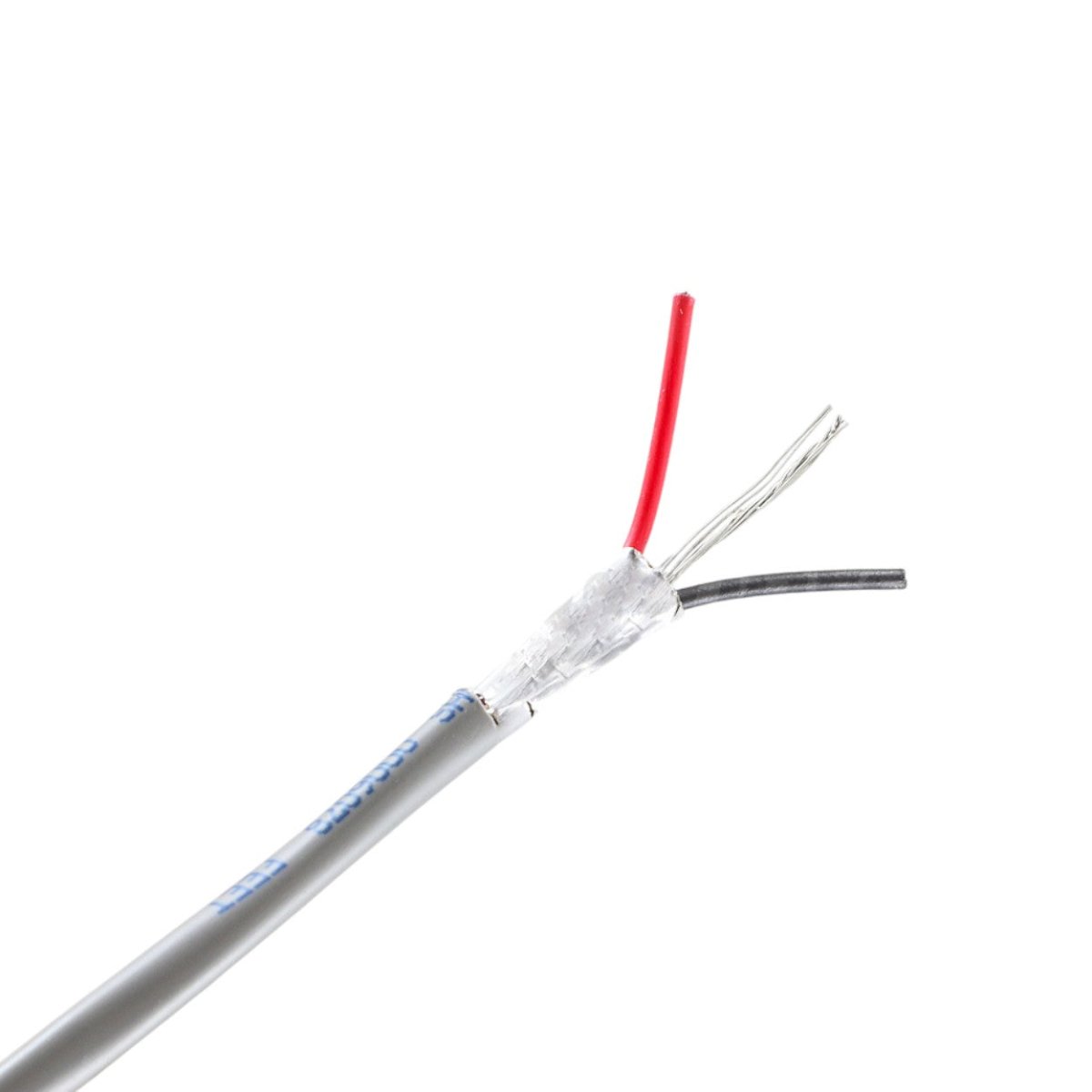 SILYMX Belden 20 AWG shielded audio cable with grey PVC jacket, showing red and black internal conductors