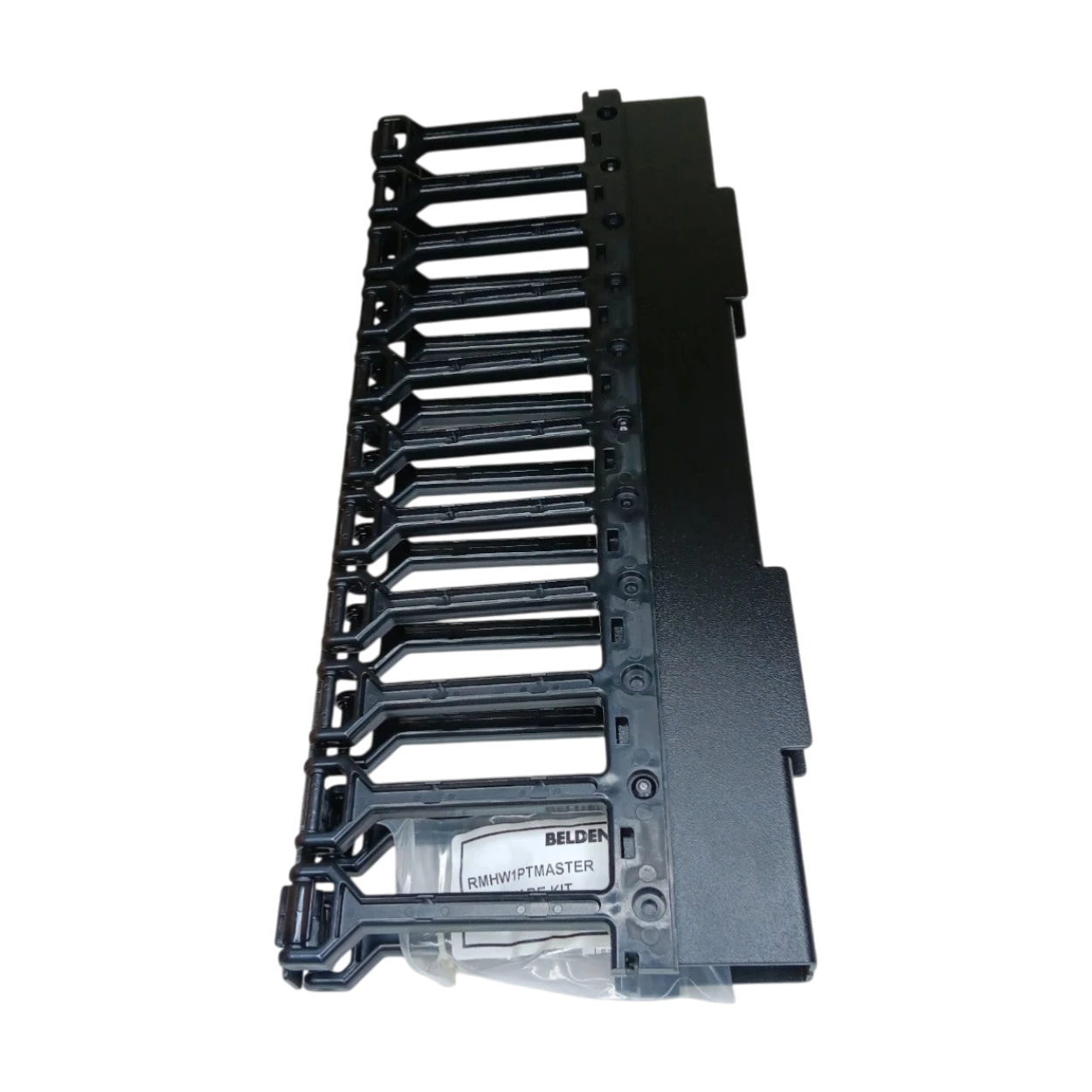 SILYMX black 2U horizontal cable manager with molded fingers and a flip-up cover for rack mounting.