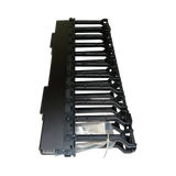SILYMX black 2U horizontal rack cable organizer with molded fingers and flip-up cover for network infrastructure.
