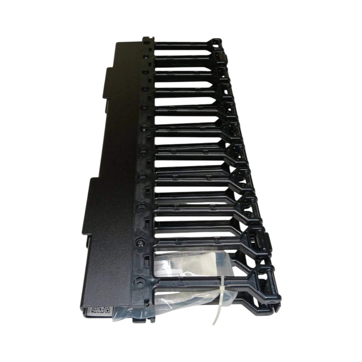 SILYMX black 2U horizontal rack cable organizer with molded fingers and flip-up cover for network infrastructure.