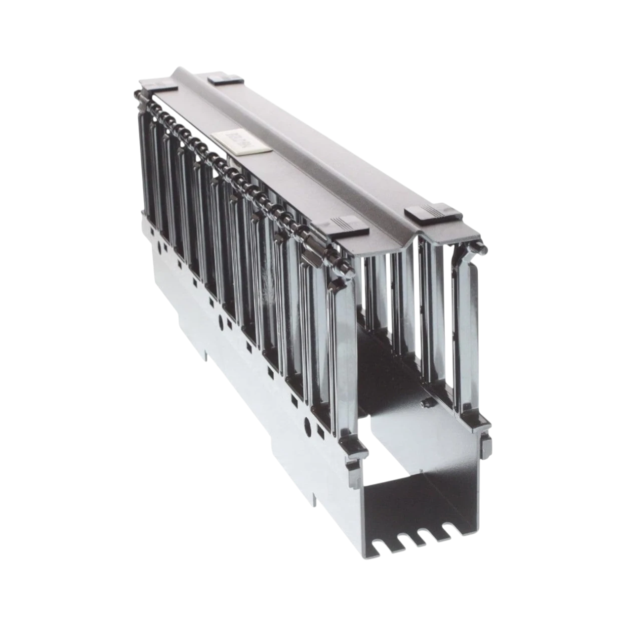 SILYMX black steel and plastic 2UR horizontal cable management organizer with molded fingers and flip-up cover.