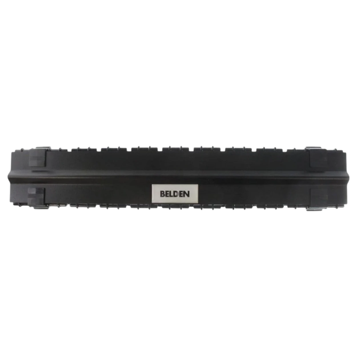SILYMX black 2UR horizontal rack cable organizer with molded fingers and flip-top cover, made of steel and plastic.