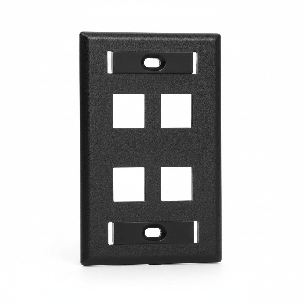 SILYMX black 4-port wall plate for keystone jacks, fiber optic, and coaxial connectors. Features label windows.