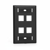 SILYMX black 4-port wall plate for keystone jacks, fiber optic, and coaxial connectors. Features label windows.