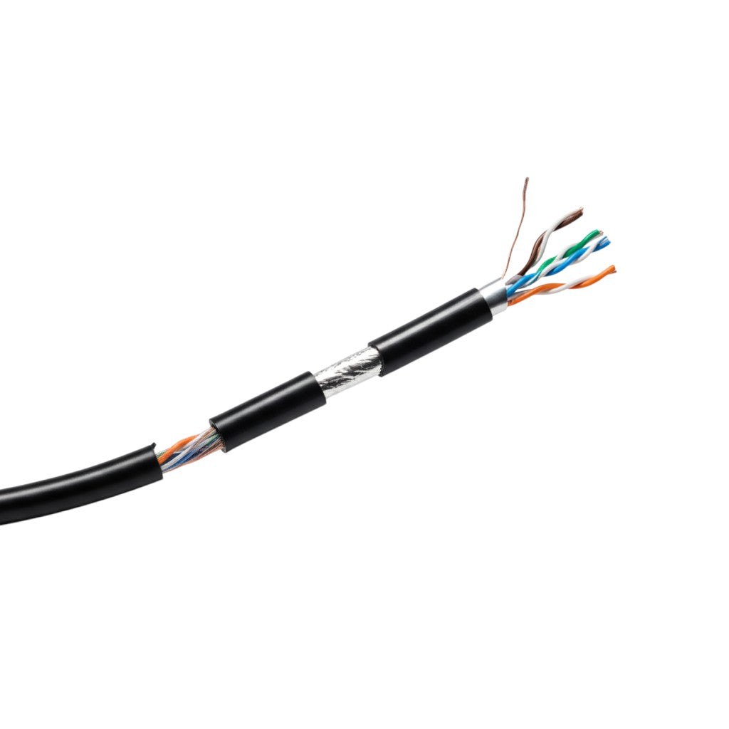 SILYMX black Cat5e FTP shielded outdoor network cable with exposed twisted pairs.