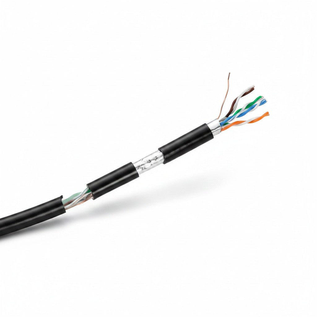 SILYMX black outdoor FTP Cat5e network cable, 152m (500ft), shielded, UL certified, with exposed twisted pairs.