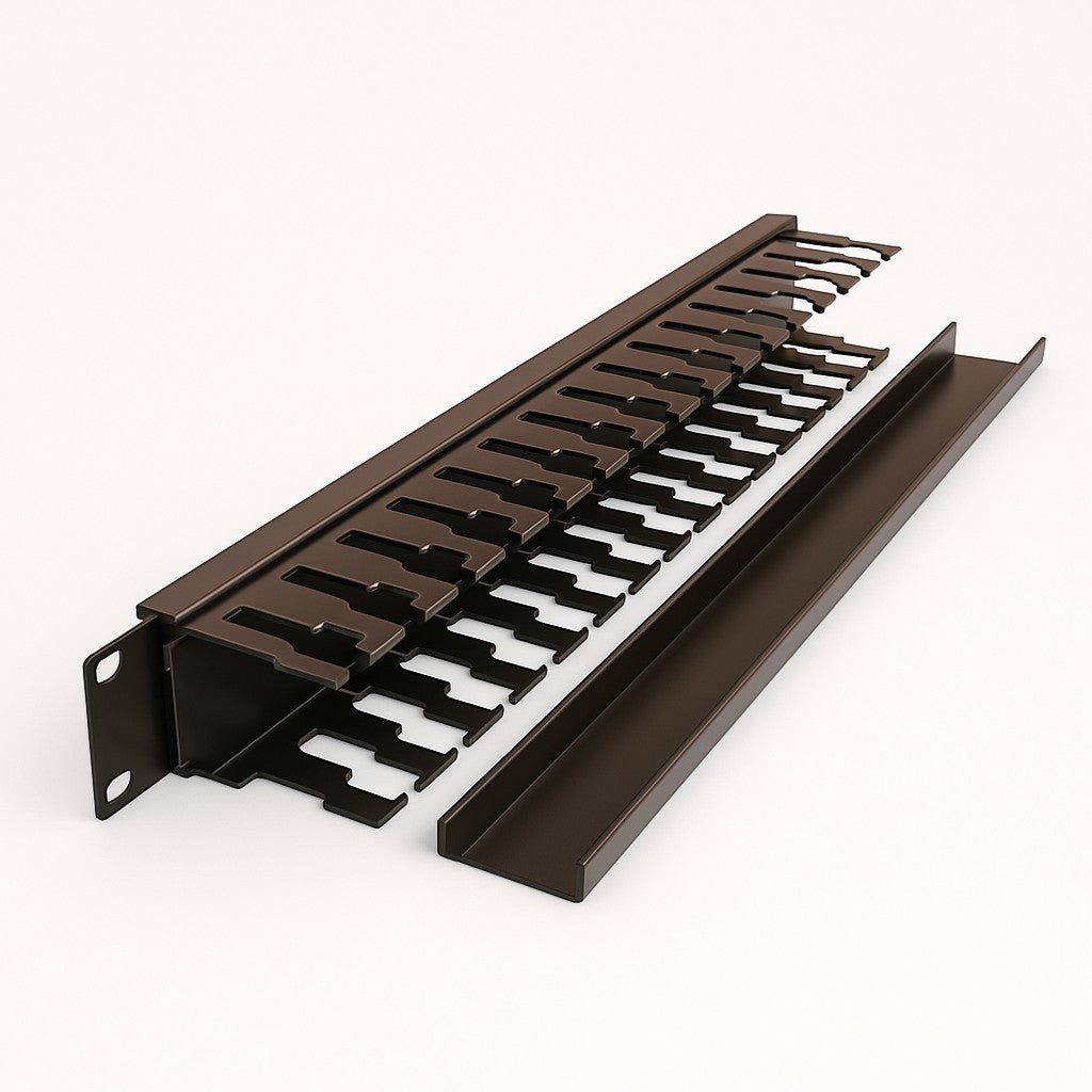 SILYMX black steel 1U horizontal rack cable organizer with cover, 19-inch width, for copper and fiber optic cables.