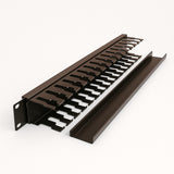 SILYMX black steel 1U horizontal rack cable organizer with cover, 19-inch width, for copper and fiber optic cables.