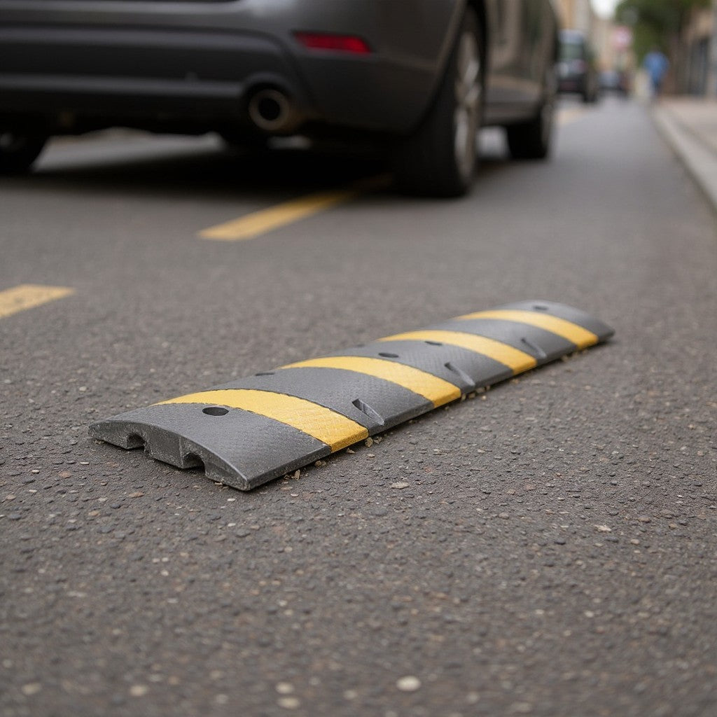 SILYMX black recycled rubber speed bump with 5 yellow reflective stripes, 183cm long, for traffic control.