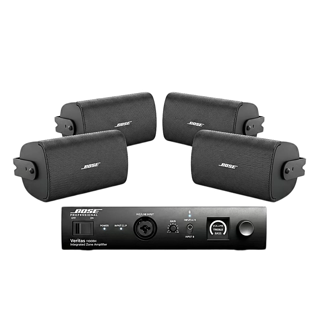 SILYMX audio kit featuring a Bose 1100BH integrated zone amplifier and four black Bose FS2SE surface-mount speakers.