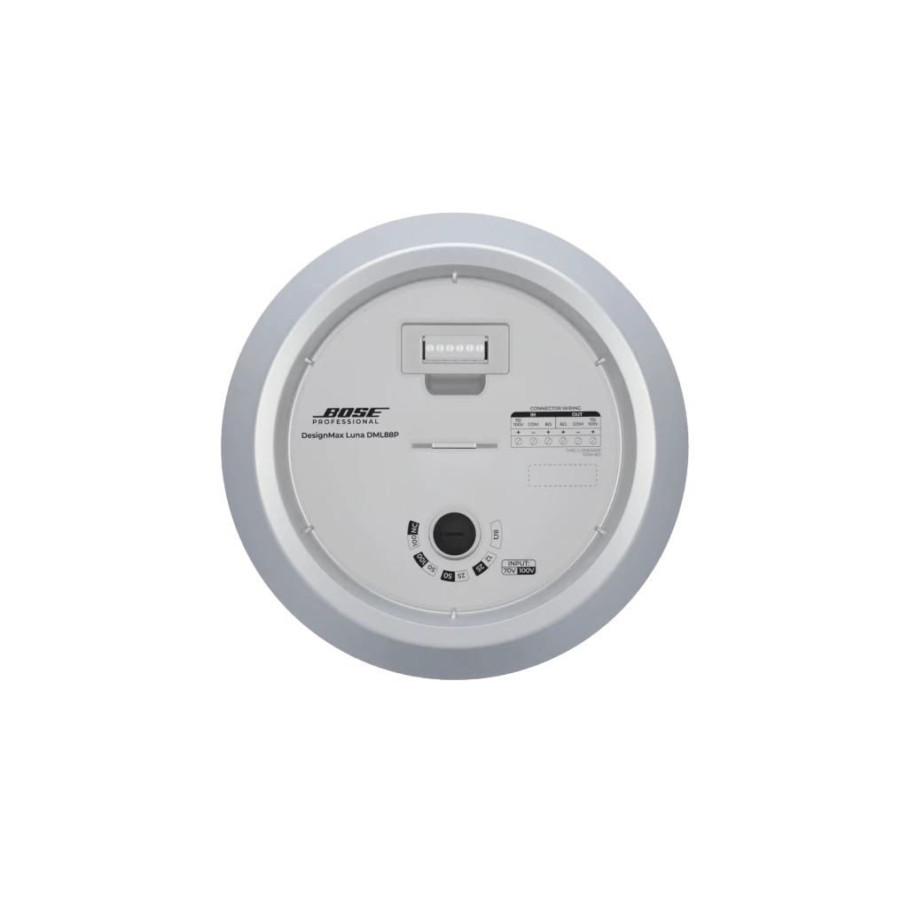 SILYMX Bose DesignMax Luna white pendant speaker rear view showing wiring terminals and power tap settings