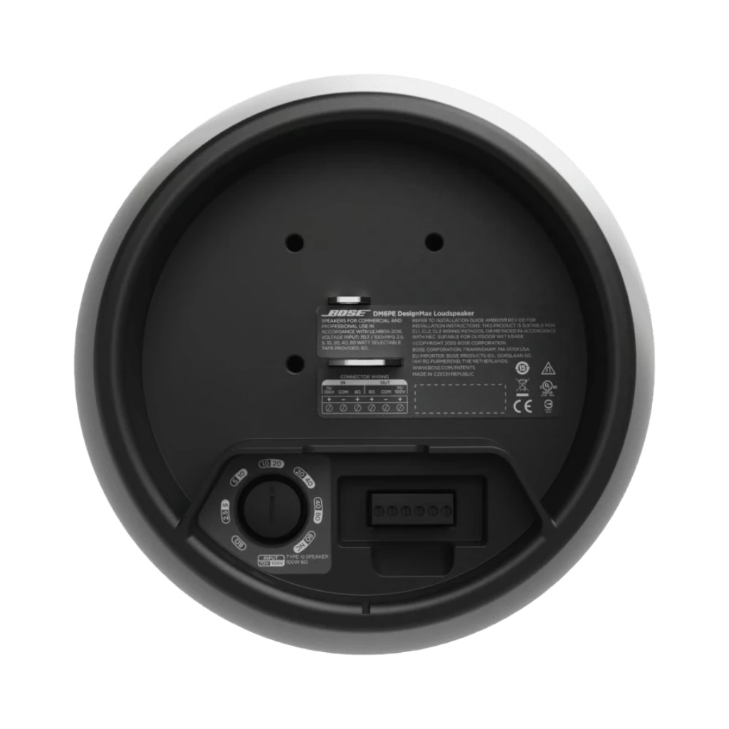 SILYMX Bose DesignMax 6-inch pendant speaker rear view showing wiring terminals and voltage settings in black
