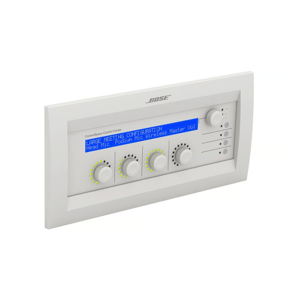SILYMX Bose ControlSpace digital wall controller with LCD screen, four volume knobs, and LED status indicators.
