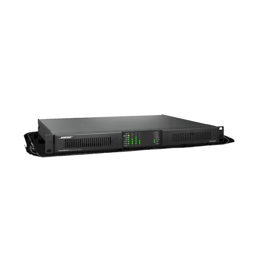 SILYMX Bose PowerShareX 4x1200W audio amplifier with DSP, Dante connectivity, and front panel LED status indicators.