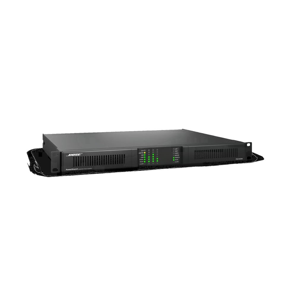 SILYMX Bose PowerShareX 4x300W professional audio amplifier with DSP, Dante connectivity, and front LED indicators.