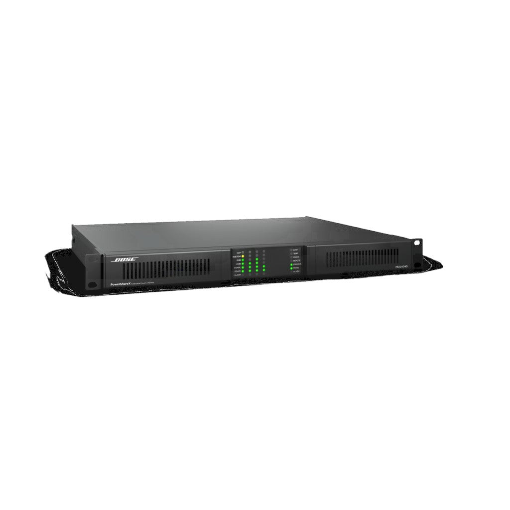 SILYMX Bose PowerShareX 4x600W professional audio amplifier with DSP and Dante connectivity in black rack-mount design
