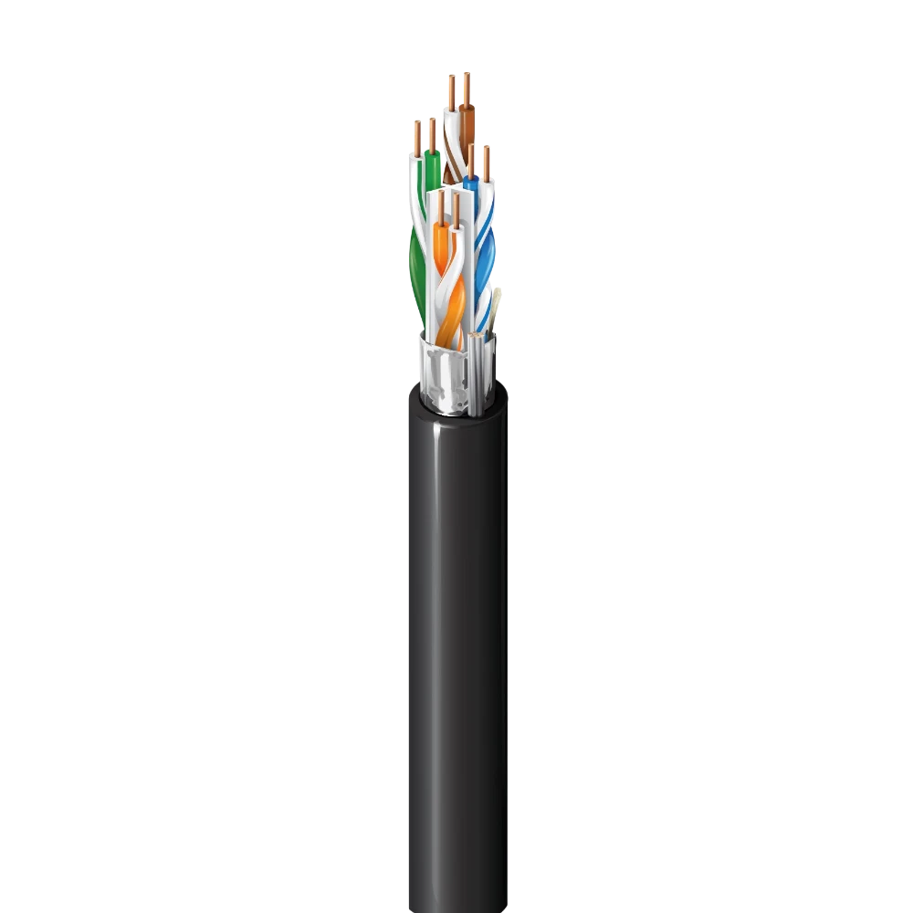 SILYMX black Cat6 FTP shielded network cable with 4x23 AWG copper conductors, foil shielding, and UV-resistant PVC jacket.