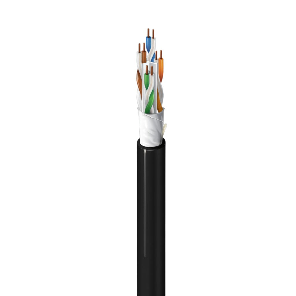 SILYMX Cat6A UTP riser cable, 23 AWG solid copper, 500MHz, black PVC jacket, showing four twisted pairs inside.