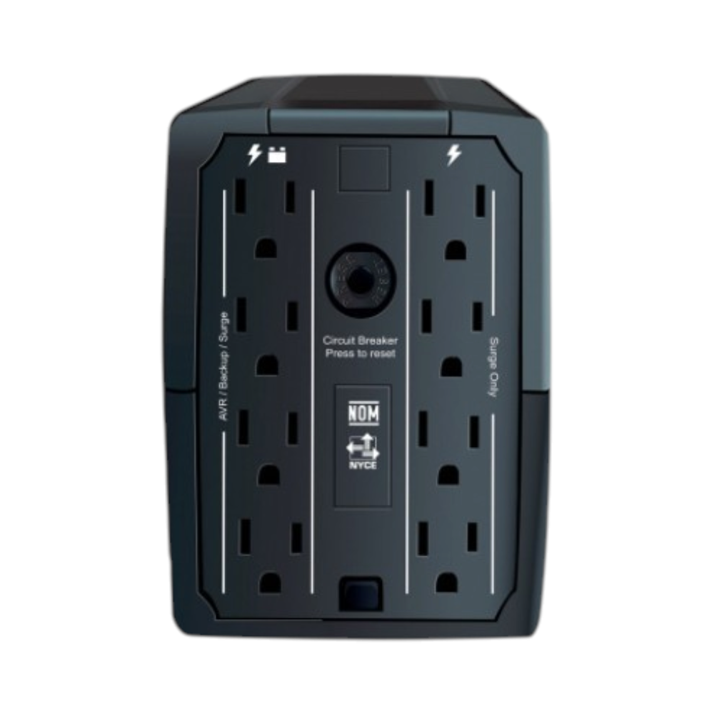 SILYMX Chicago Digital Power UPS R-UPR758 showing 8 power outlets with battery backup and surge protection labels