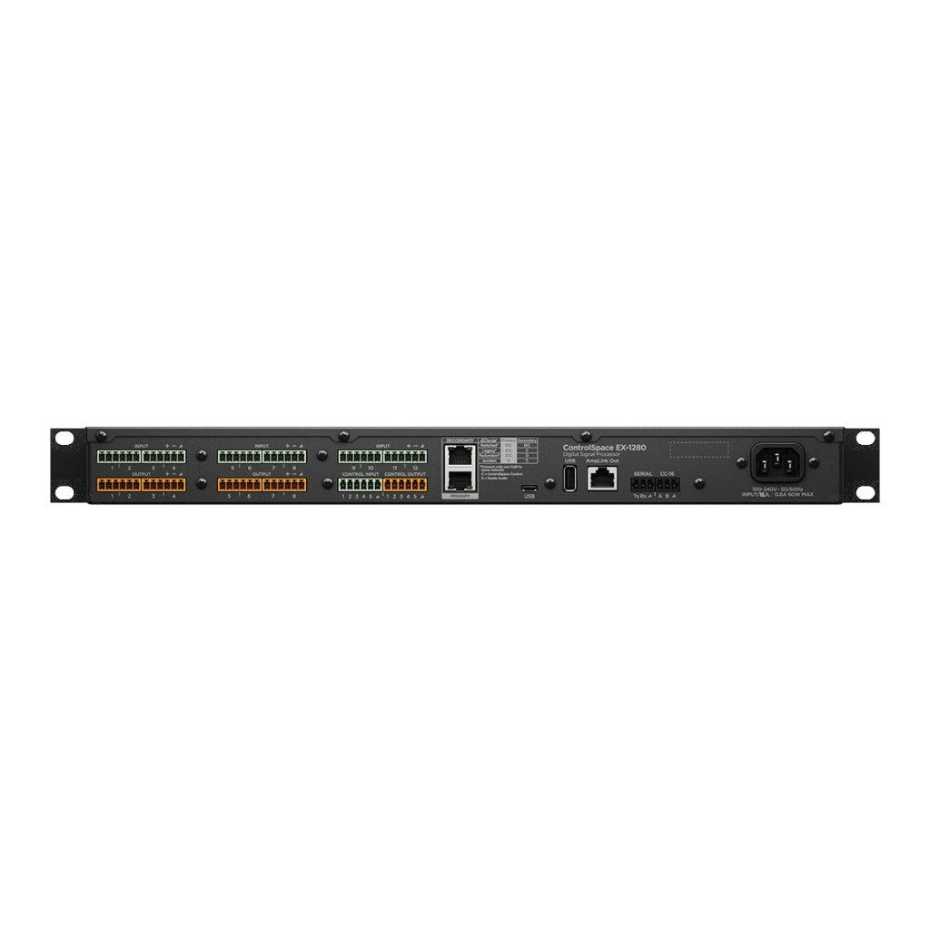 Rear view of SILYMX Controlspace digital audio processor with analog inputs, outputs, and Dante connectivity ports.