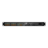 Rear view of SILYMX Controlspace digital audio processor with analog inputs, outputs, and Dante connectivity ports.