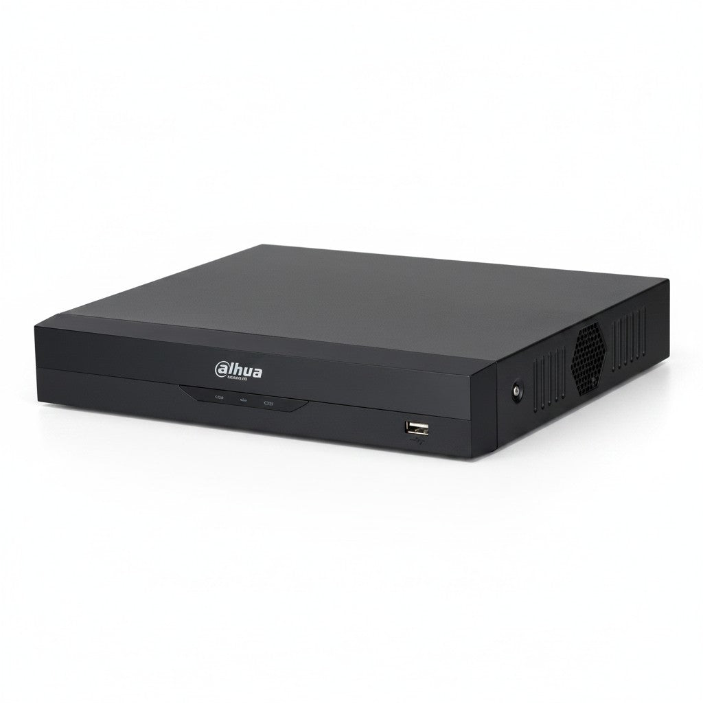 SILYMX DAHUA XVR5104HS-4KL-I3 4K 4-channel DVR with WizSense technology, facial recognition, and perimeter protection. Black metal casing.