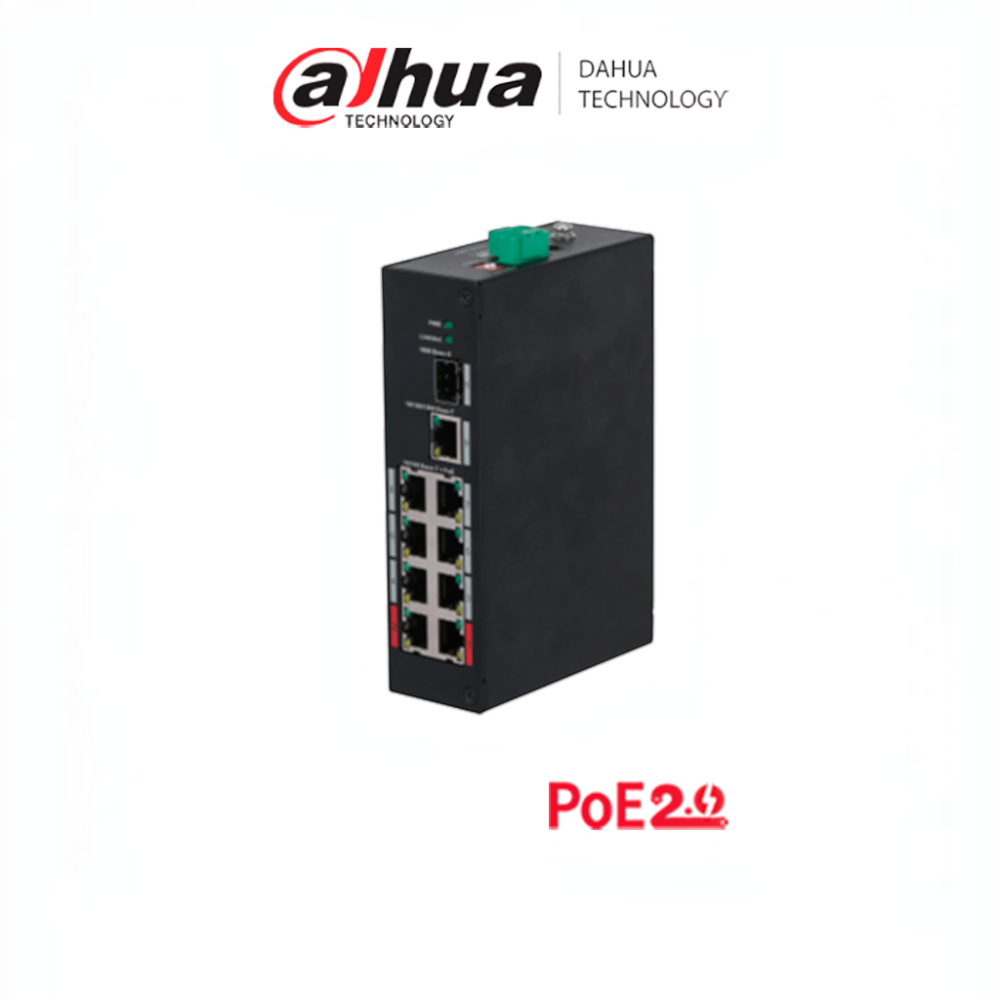 SILYMX Dahua 8-port PoE switch with black metal housing, featuring Fast Ethernet ports and SFP uplink for network security