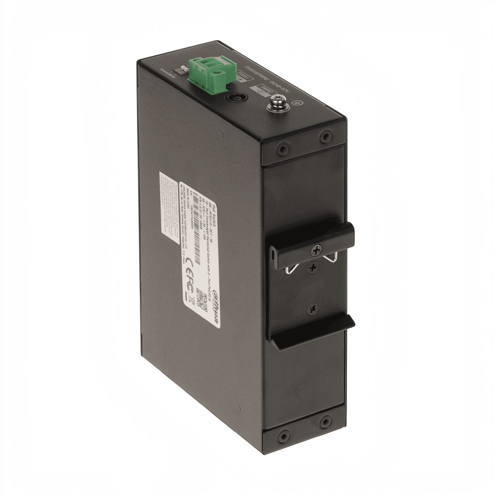 SILYMX Dahua 8-port PoE switch in a black metal industrial housing with DIN rail mount, side view