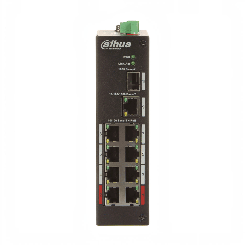 SILYMX Dahua 8-port PoE Fast Ethernet switch with SFP and RJ45 uplink ports for IP surveillance and network connectivity