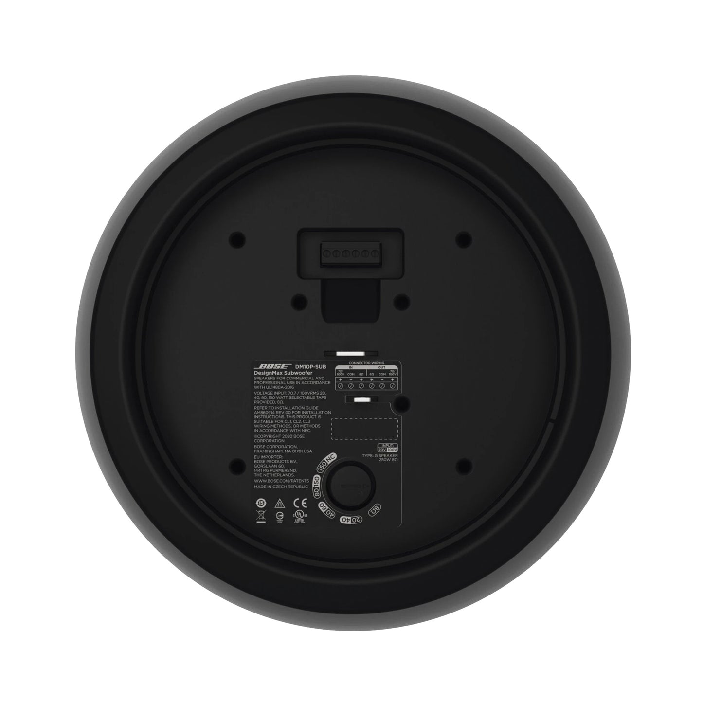 SILYMX Designmax 10-inch black pendant subwoofer rear view showing wiring terminals and technical specifications