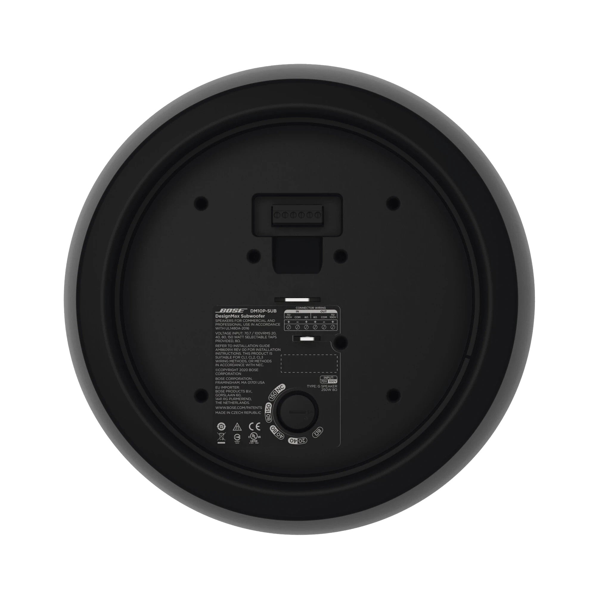 SILYMX Designmax 10-inch black pendant subwoofer rear view showing wiring terminals and technical specifications