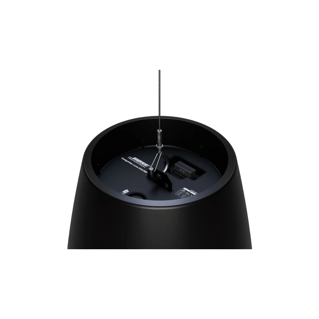 SILYMX Designmax Luna black pendant speaker top view showing suspension cable and connection terminal