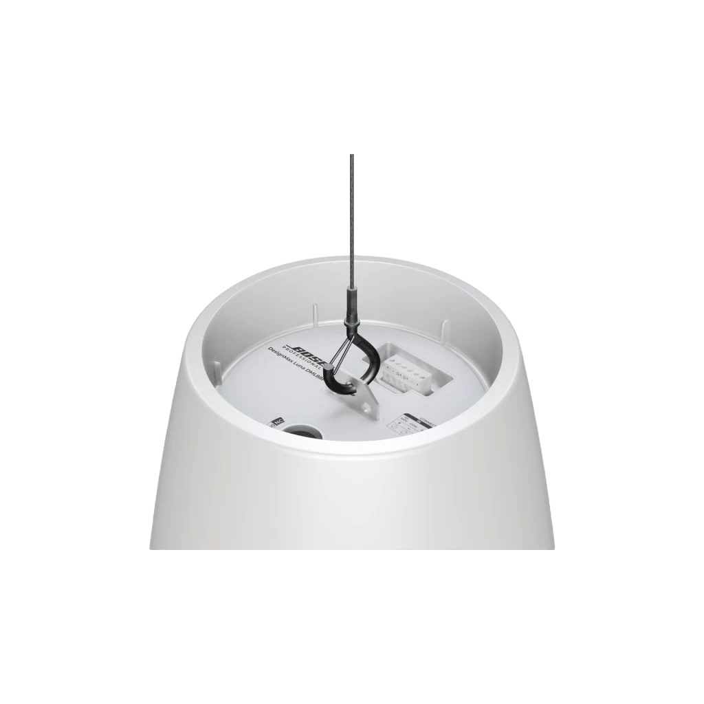 SILYMX white Designmax Luna pendant speaker top view showing the suspension cable and mounting hardware