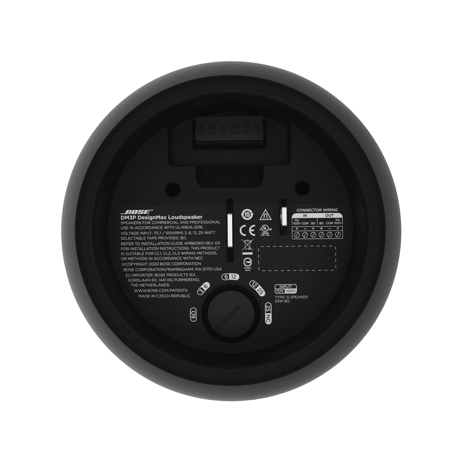 SILYMX DesignMax 3.25in black pendant loudspeaker rear connection panel with wiring diagram and technical specifications