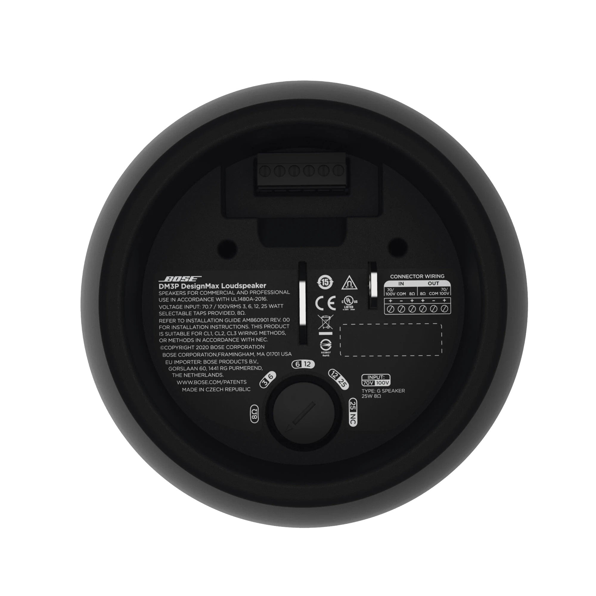 SILYMX DesignMax 3.25in black pendant loudspeaker rear connection panel with wiring diagram and technical specifications
