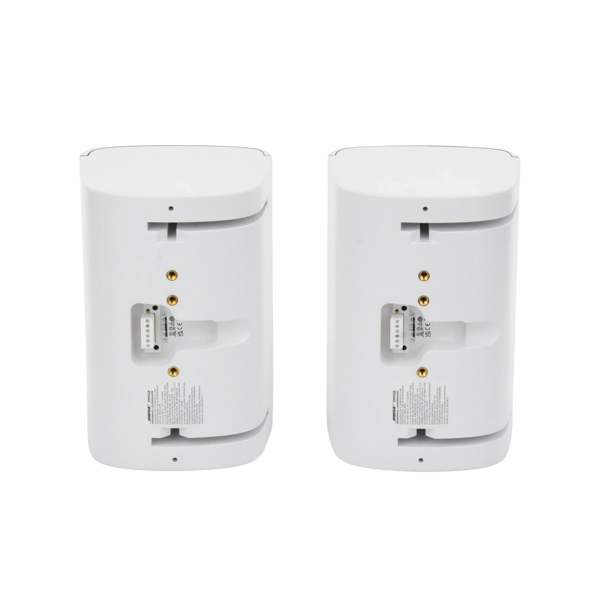 SILYMX pair of white DesignMax 5-inch wall-mount outdoor speakers showing rear connection terminals