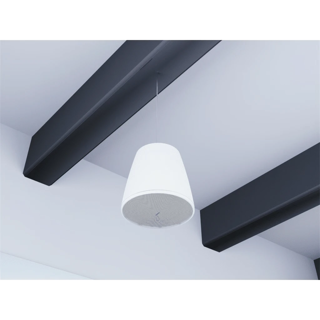 SILYMX Designmax 10-inch white pendant subwoofer hanging from a modern ceiling with black beams