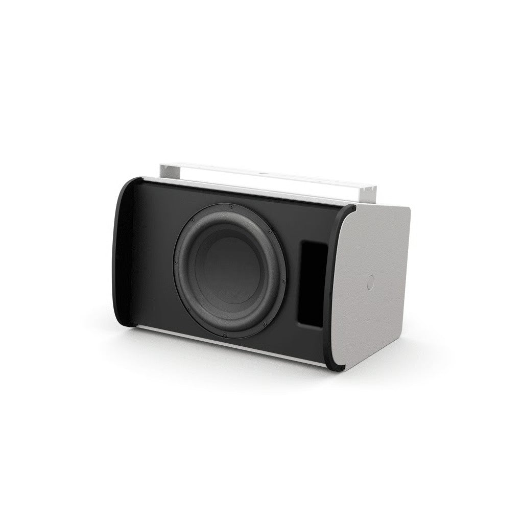 SILYMX Designmax 10-inch white wall-mount subwoofer with black front panel and integrated mounting bracket
