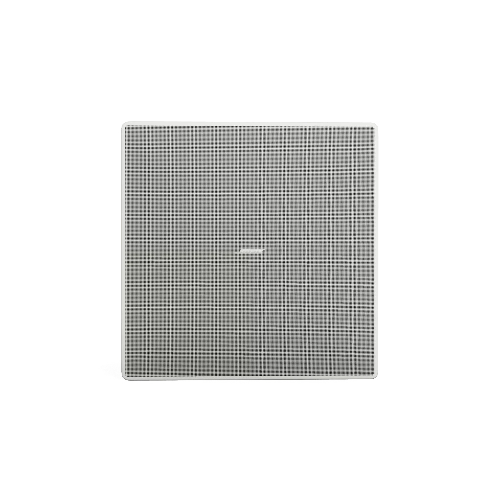 SILYMX EdgeMax low-profile ceiling speaker with white square grille and 90-degree coverage technology
