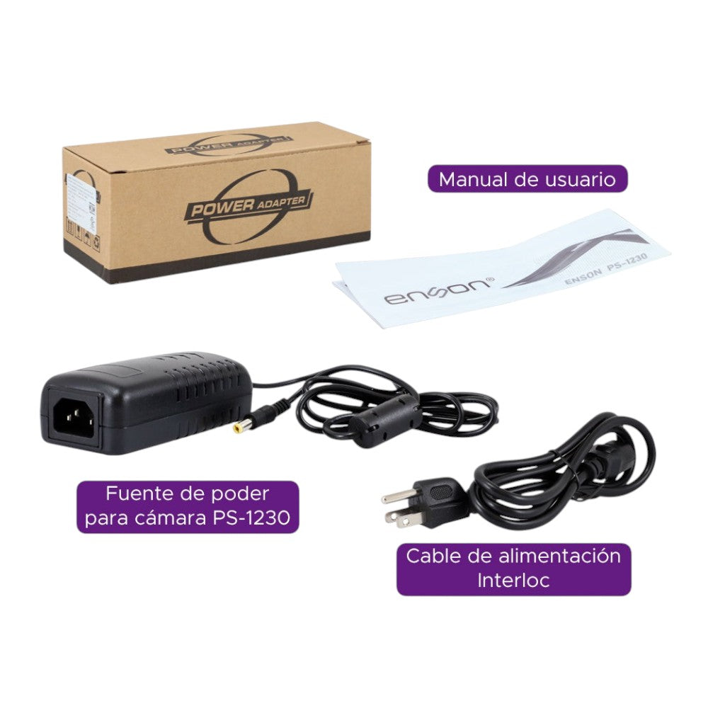 SILYMX Enson PS-1230 12V 3A power adapter kit with cables, user manual, and packaging box for CCTV cameras