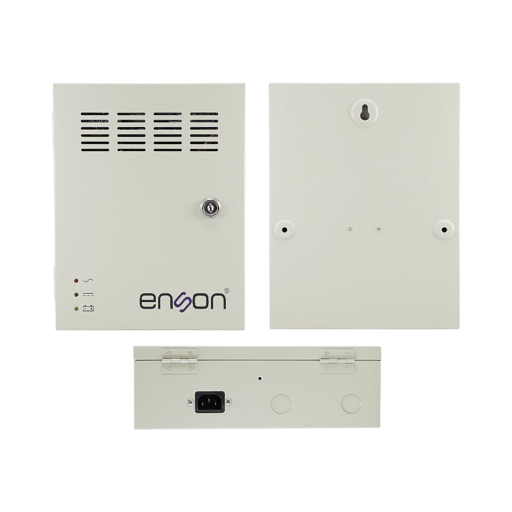 SILYMX Enson 12VDC 5A power supply box for CCTV with 9 channels, battery backup support, and key lock enclosure.