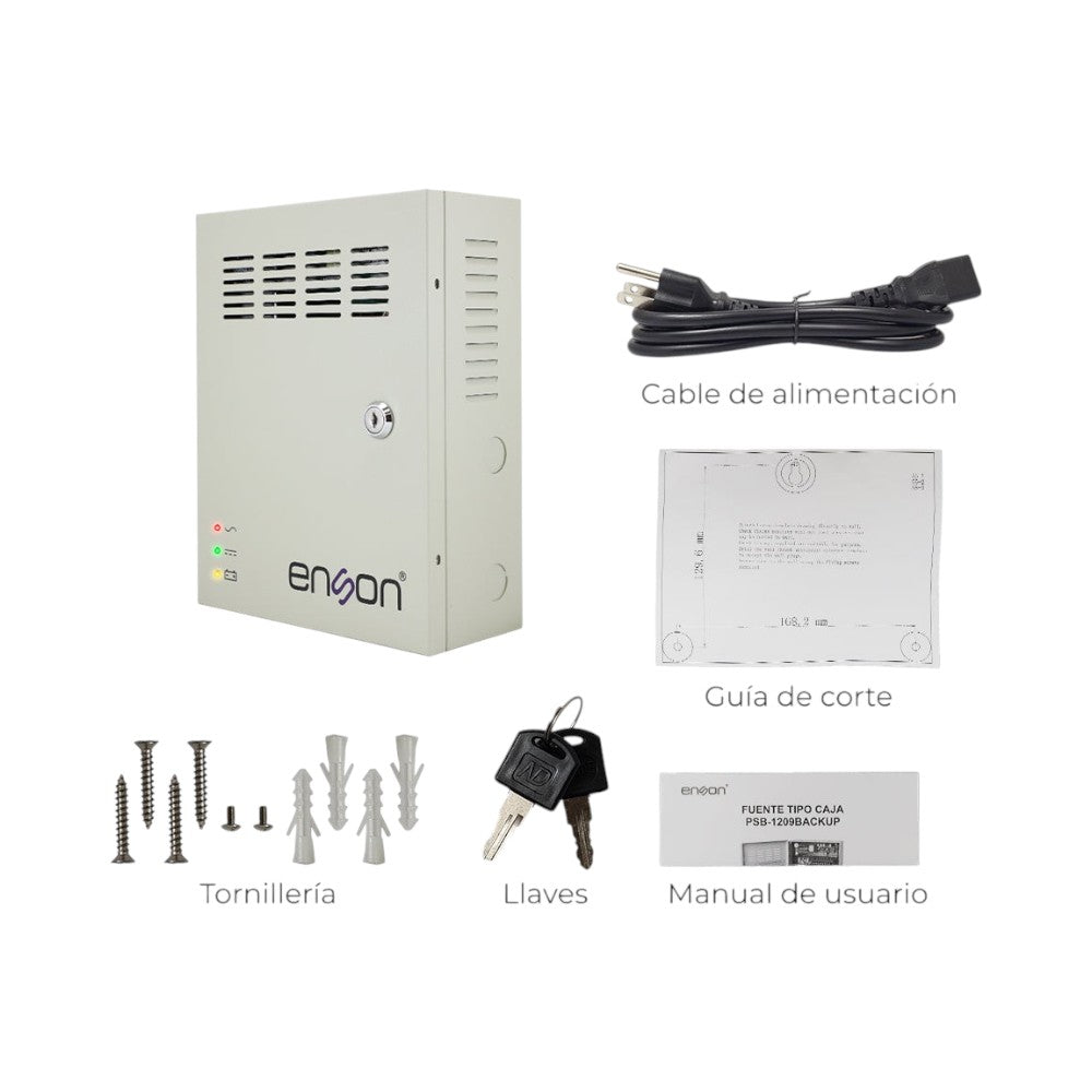 SILYMX Enson 12VDC 5A power supply box for CCTV with 9 channels, battery backup support, keys, and mounting hardware.