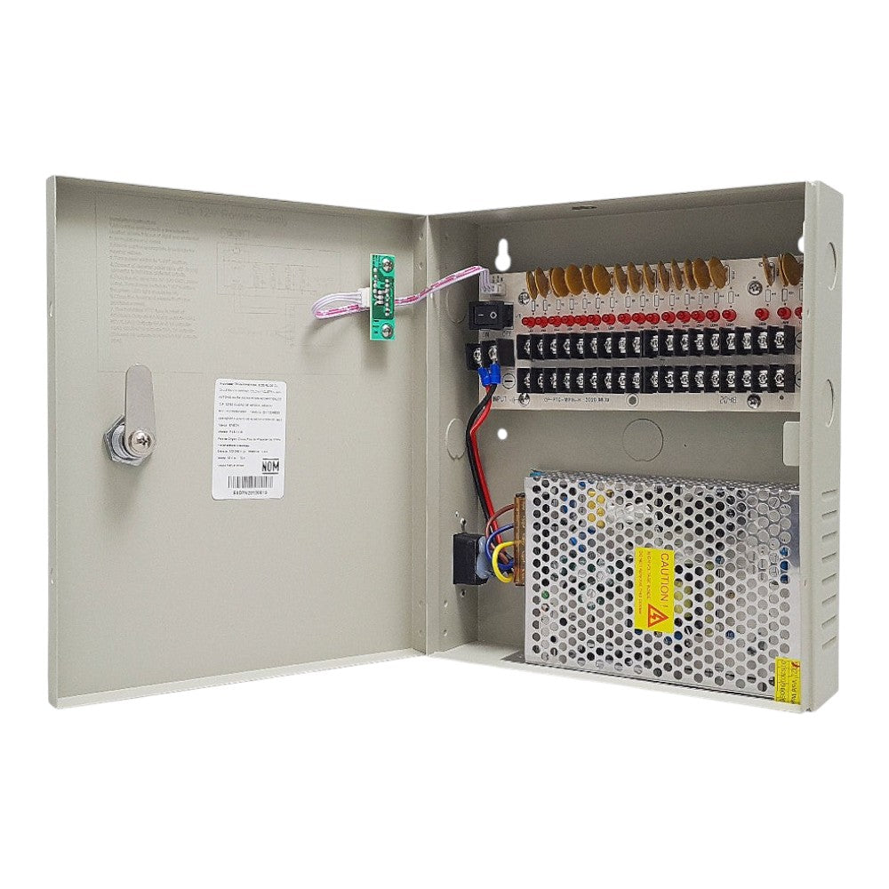 SILYMX Enson PSB-1218 12VDC 10A power supply box for CCTV with 18 individual PTC fused outputs and key lock.