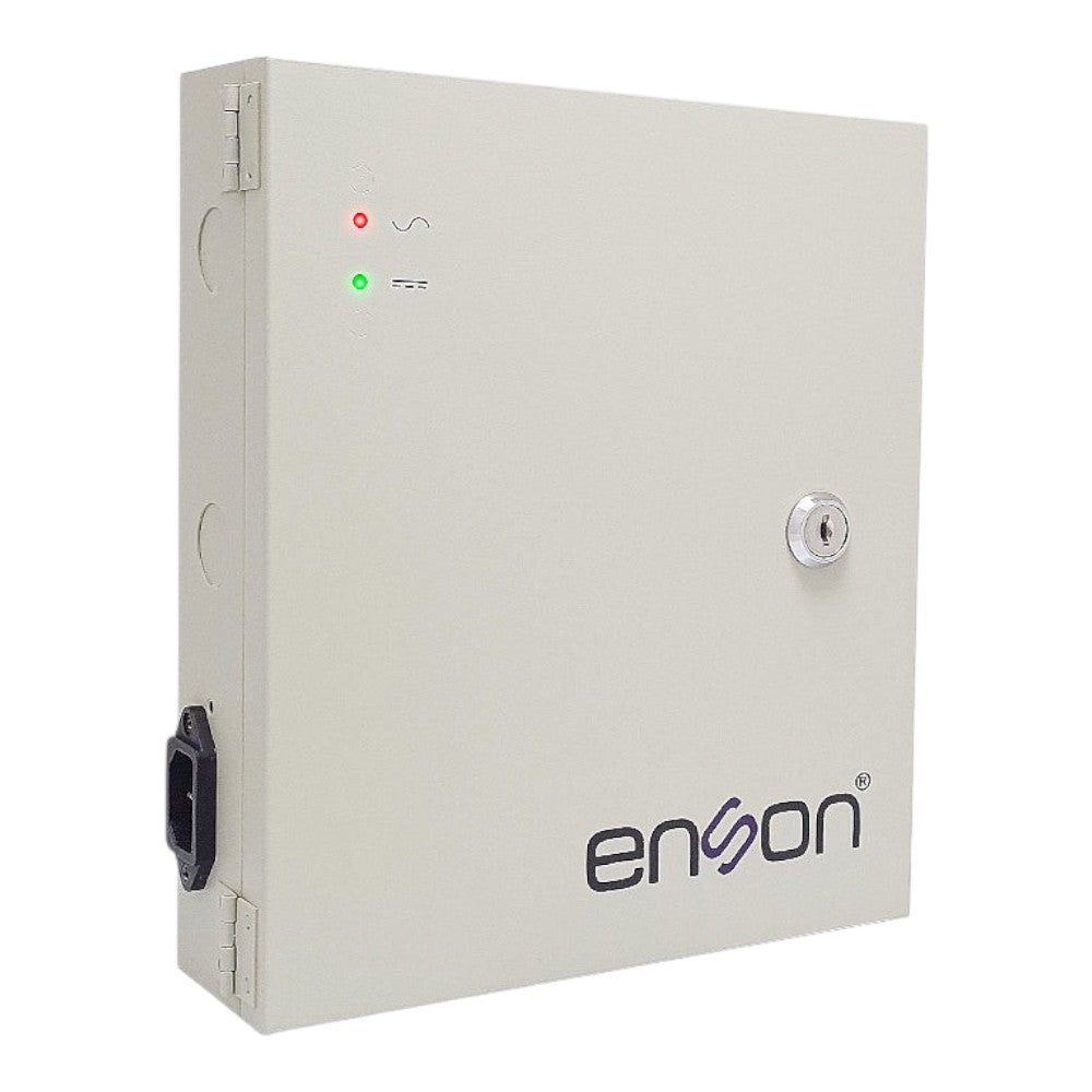 SILYMX Enson PSB-1218 metal power supply box for CCTV with 18 channels, key lock, and LED status indicators.